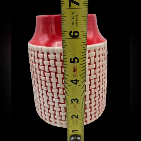 Retro Vintage Ceramic Red White Basket Weave Decorative Vase - Picture 8 of 8